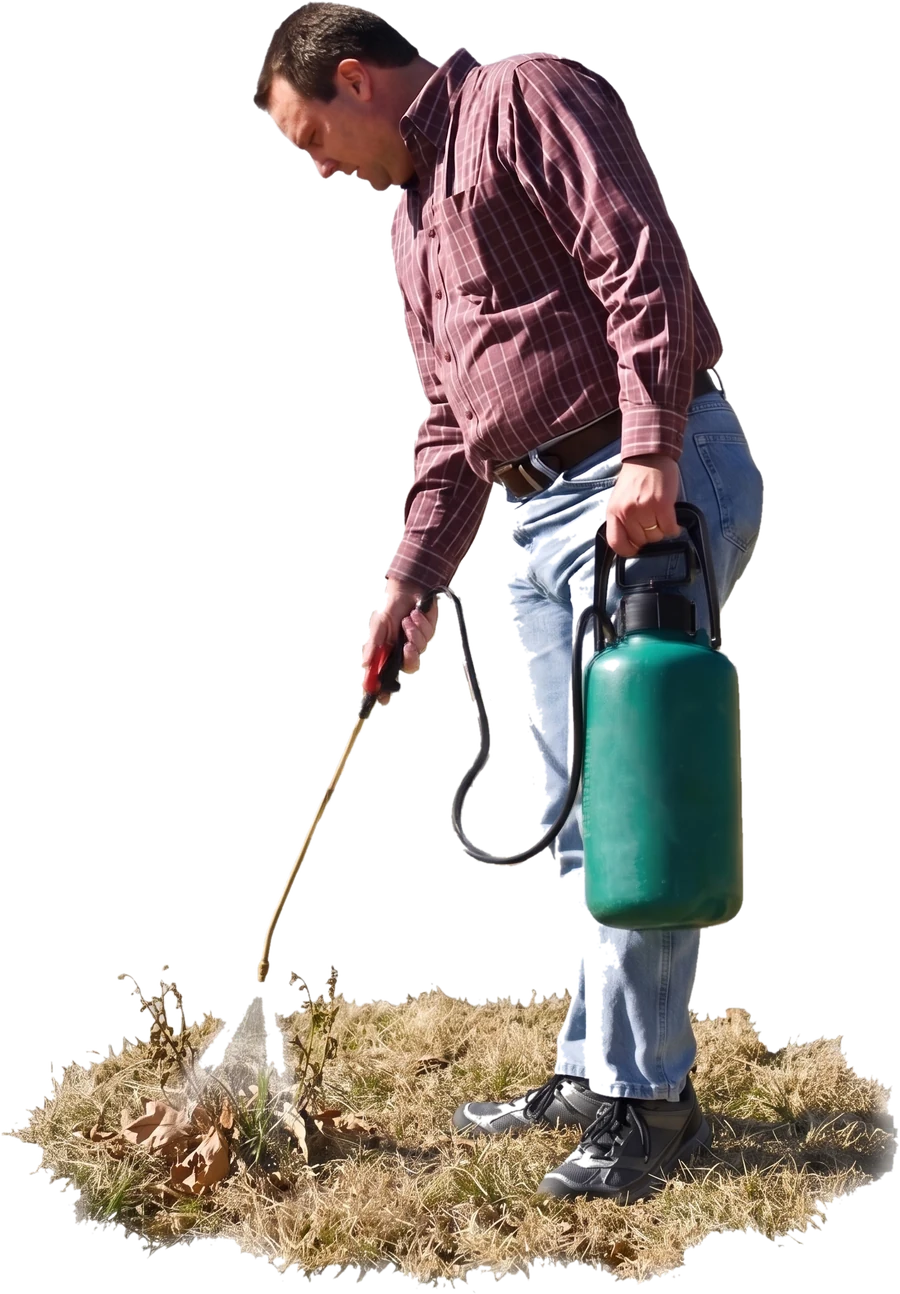 A man spraying chemical weedkiller onto a patch of dead grass